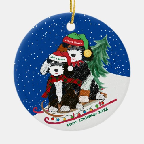 Personalized Bernedoodles Decorated Christmas Sled Ceramic Ornament