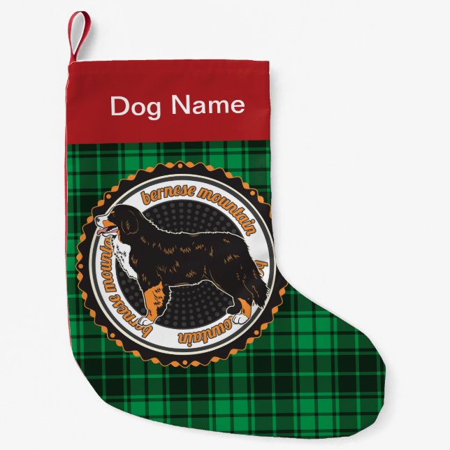 Personalized Bernese Mountain Breed Green Plaid Small Christmas Stocking (Front)