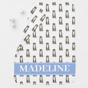 Personalized Bernese Mountain Dog Blue & White Baby Blanket
