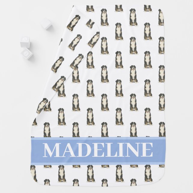 Personalized Bernese Mountain Dog Blue & White Baby Blanket (In Situ)