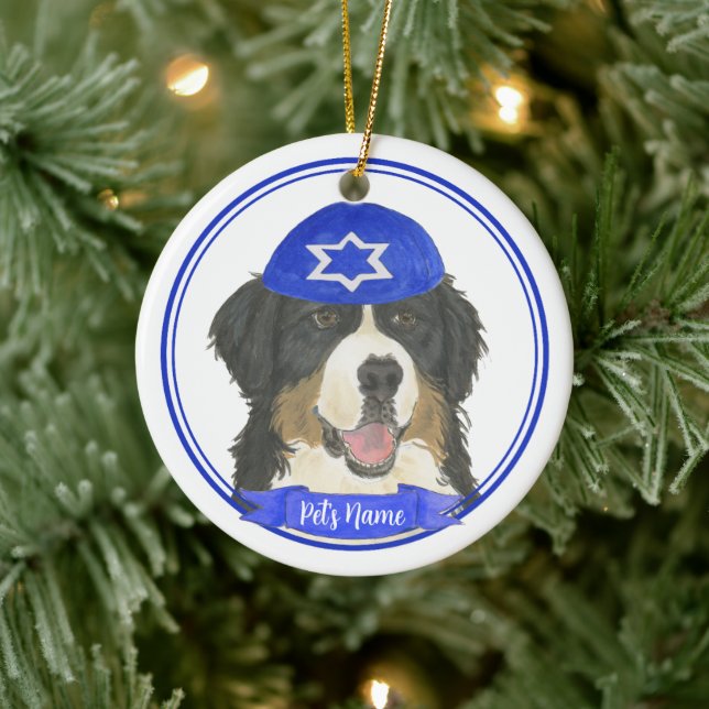 Personalized Bernese Mountain Dog Hanukkah Blue Ceramic Ornament (Tree)