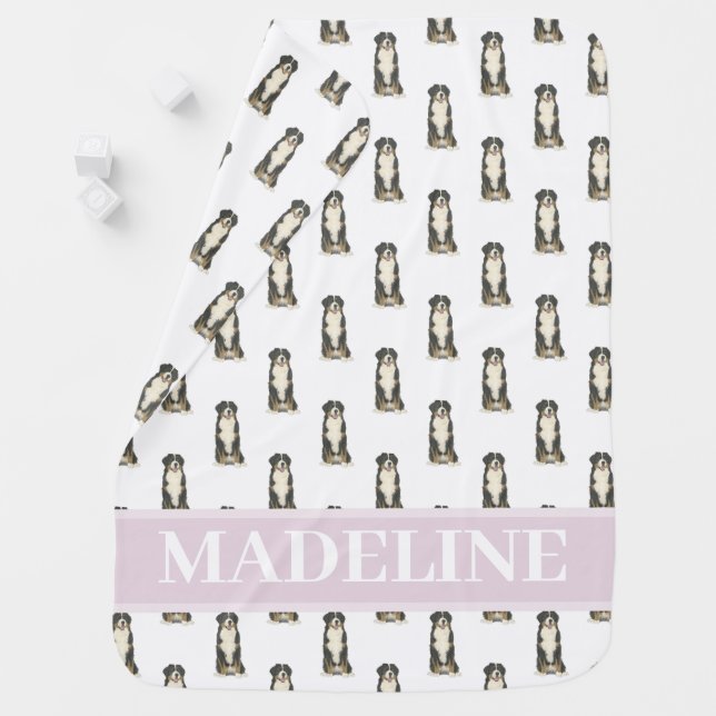 Personalized Bernese Mountain Dog Pink & White Baby Blanket (In Situ)