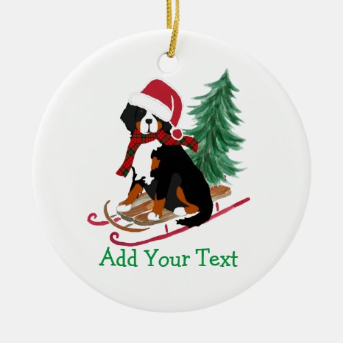 Personalized Bernese Mt Dog Christmas Sled Ceramic Ornament