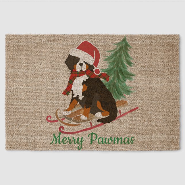 Personalized Bernese Mt Dog Christmas Sled Fiber Doormat (Front)