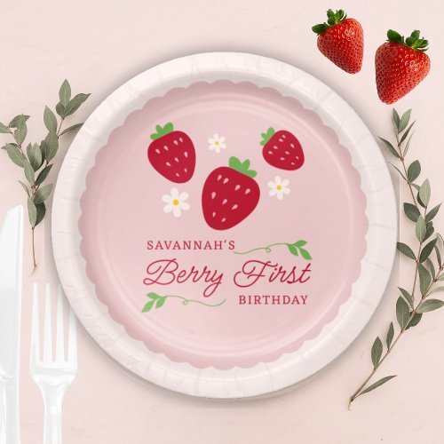 Personalized Berry First Birthday Pink Strawberry Paper Plates