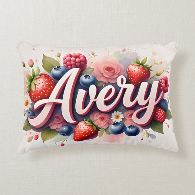 Personalized Berry Floral Name Pillow " Avery " (Front)