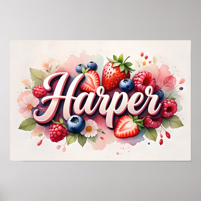 Personalized Berry Floral Name Poster  "Harper"  (Front)