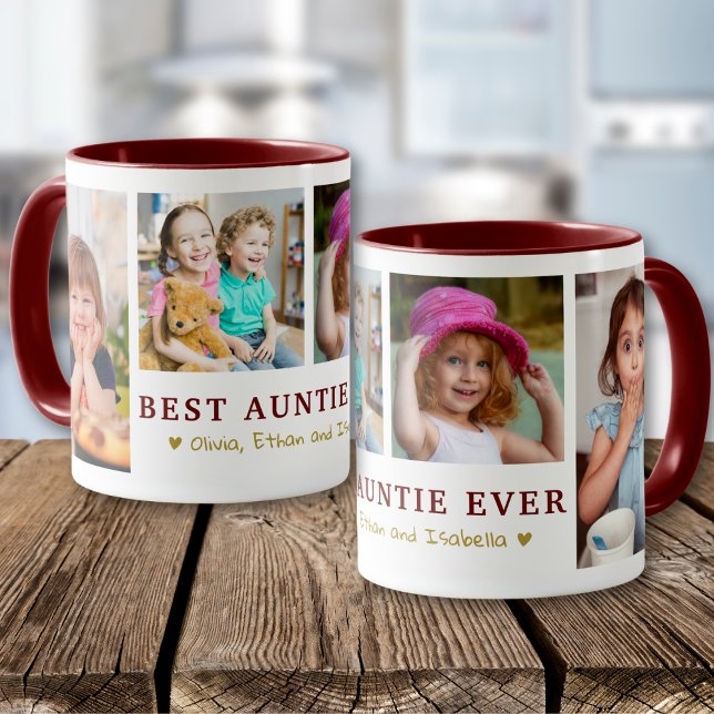 Personalized Best Auntie Ever 4 Photo Maroon Gold Mug (Creator Uploaded)