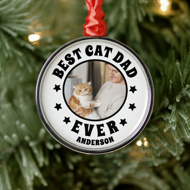 Personalized Best Cat Dad Ever Custom Photo Metal Ornament (Tree)