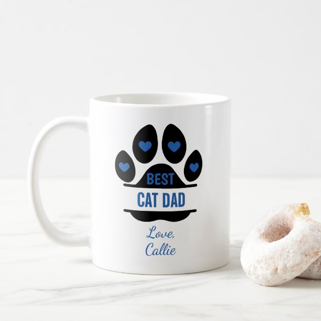 Personalized Best Cat Dad Paw Print Coffee Mug (With Donut)