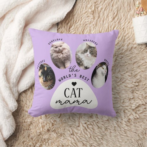 Personalized Best Cat Mama Cute Paw Print Photo Throw Pillow