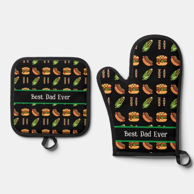 Personalized Best Dad Ever Cute Barbecue Foods Oven Mitt & Pot Holder Set (Front)