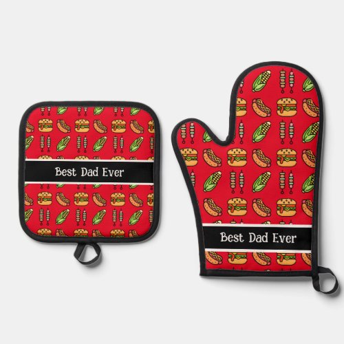 Personalized Best Dad Ever Cute Barbecue Foods Oven Mitt  Pot Holder Set