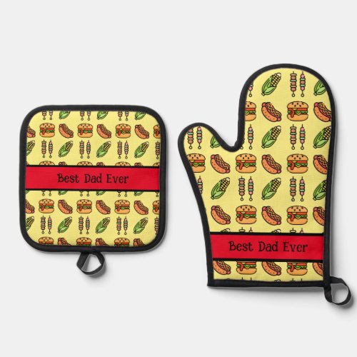 Personalized Best Dad Ever Cute Barbecue Foods Oven Mitt  Pot Holder Set