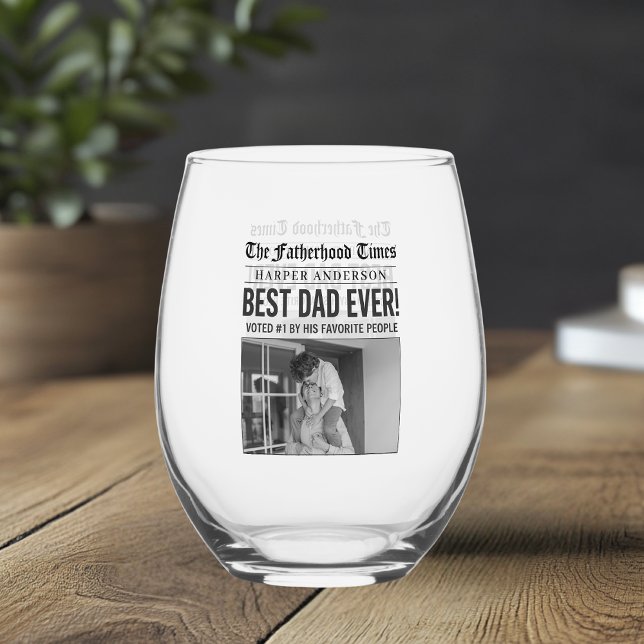 Personalized Best Dad Ever Newspaper Headline Stemless Wine Glass (Creator Uploaded)