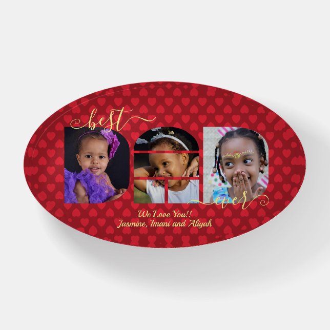 Personalized BEST DAD EVER Red Photo Collage Paper Paperweight (Front)