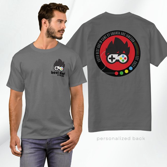 Personalized Best Dad in the Game Gift T-Shirt (Unique Retro Inspired Best Dad in the Game T-Shirt for Gaming Dads and Step Dads in Dark Grey)