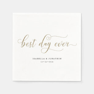 Personalized Best Day Ever Gold Glitter Wedding Napkins