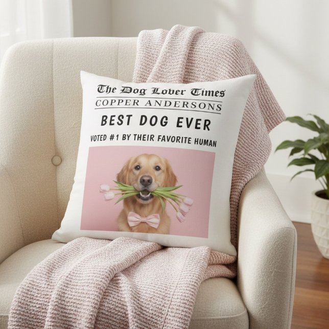 Personalized “Best Dog Ever” Newspaper Photo  Throw Pillow (Creator Uploaded)