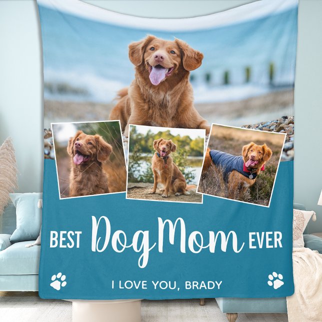 Personalized Best Dog Mom Ever Photo Collage Fleece Blanket (Creator Uploaded)