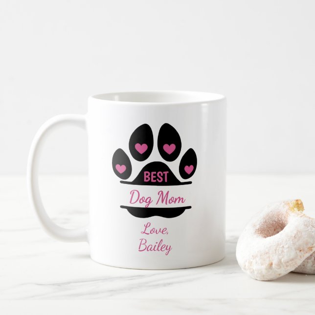 Personalized Best Dog Mom Paw Print Coffee Mug (With Donut)