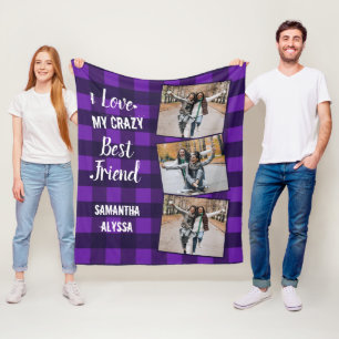 Personalized Best Friend Chic Purple Plaid 3 Photo Fleece Blanket