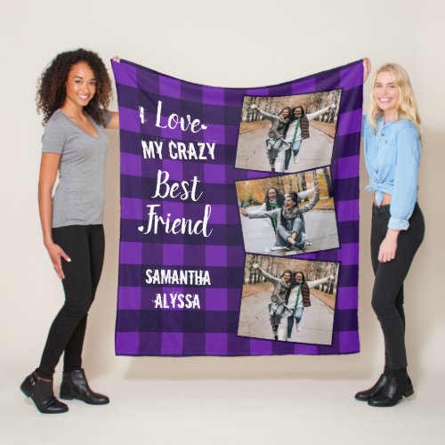 Personalized Best Friend Chic Purple Plaid 3 Photo Fleece Blanket