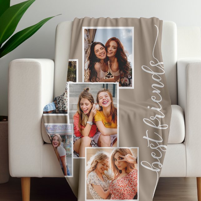 Personalized Best Friends 5 Photo Collage Brown Fleece Blanket (Creator Uploaded)