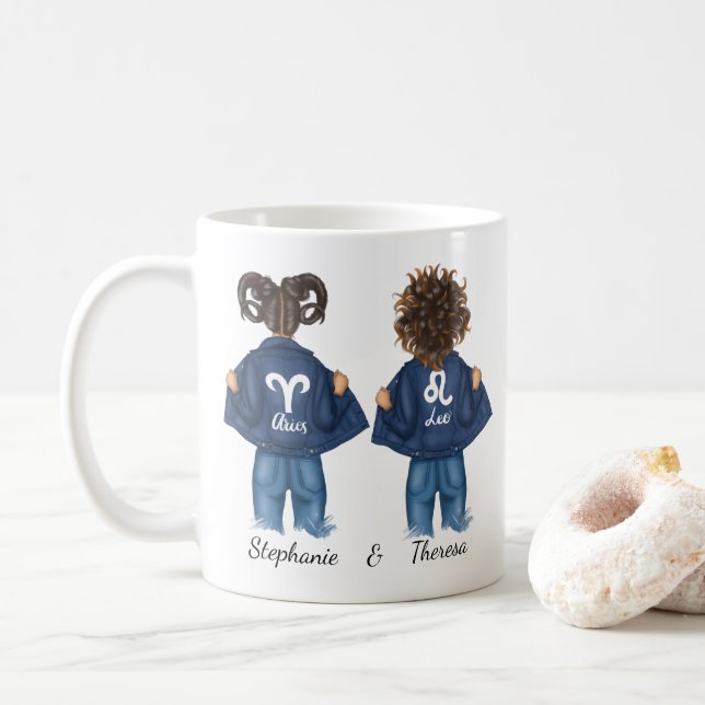 Personalized Best Friends Aries Leo Girl Jean Coffee Mug (With Donut)