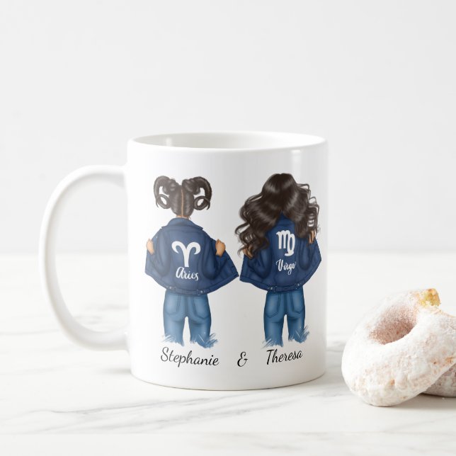 Personalized Best Friends Aries Virgo Girl Jean Coffee Mug (With Donut)