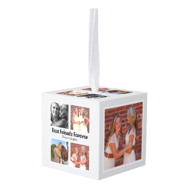Personalized Best friends forever 4 photo collage Cube Ornament (Back Angled)