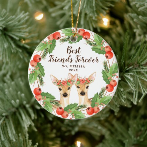 Personalized Best Friends Forever Woodland Deer Ceramic Ornament