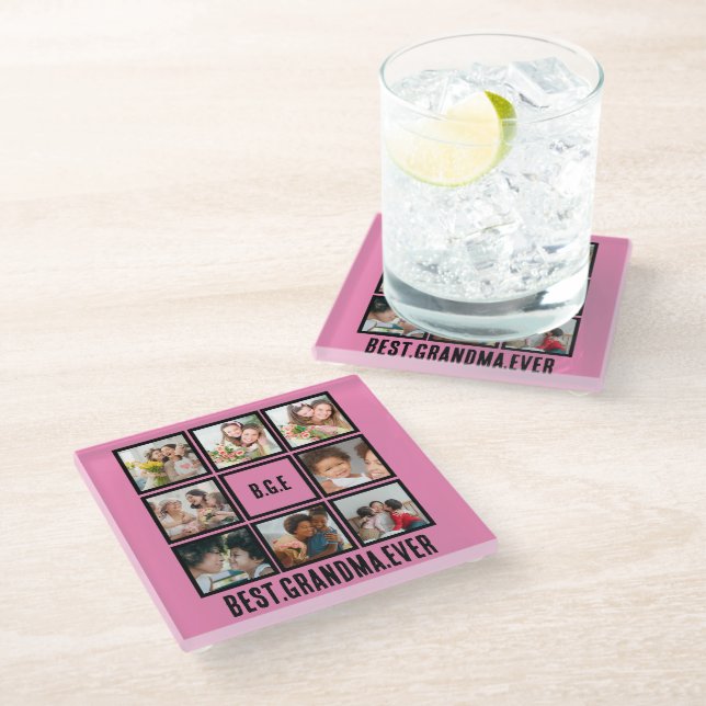 Personalized Best Grandma Ever 8 Photo Collage Glass Coaster (Angled)