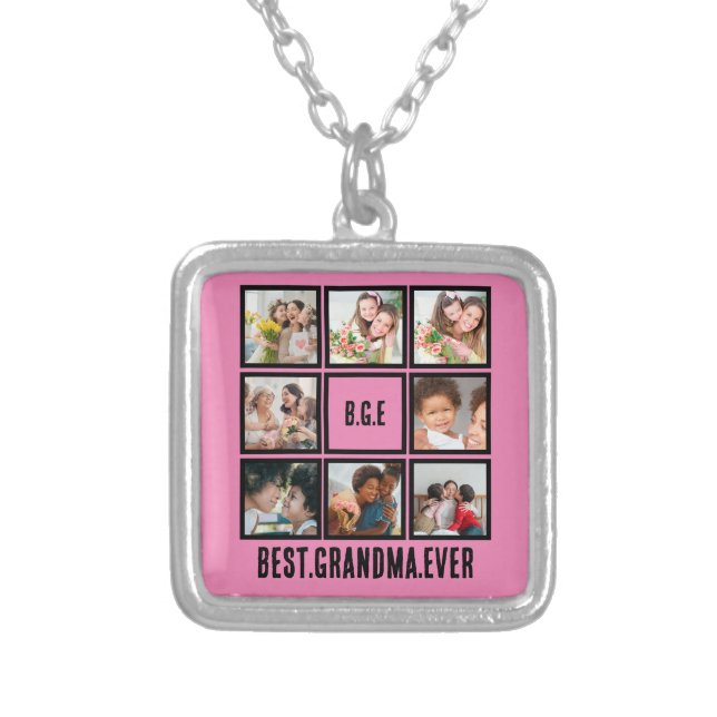 Personalized Best Grandma Ever 8 Photo Collage Silver Plated Necklace (Front)