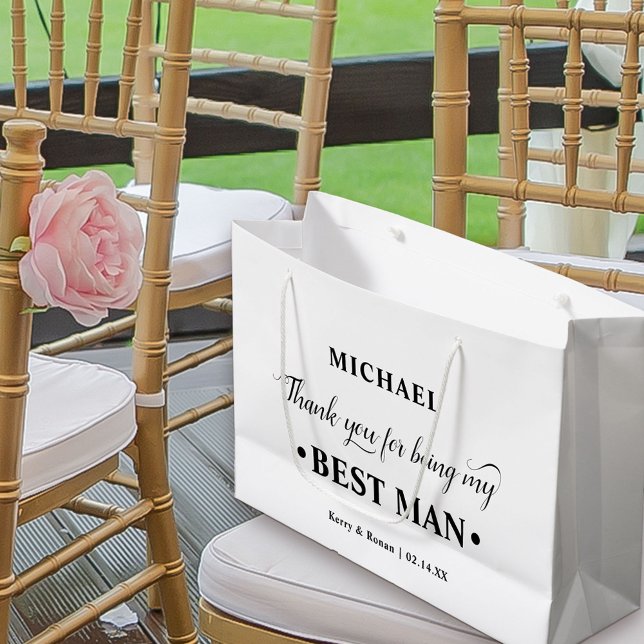 Personalized Best Man Black and White Thank You Large Gift Bag (Black and White Wedding Thank You Gift Bag for Best Man)