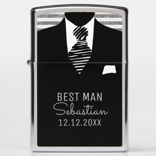 Personalized Best Man Suit and Black Tie Zippo Lighter (Front)