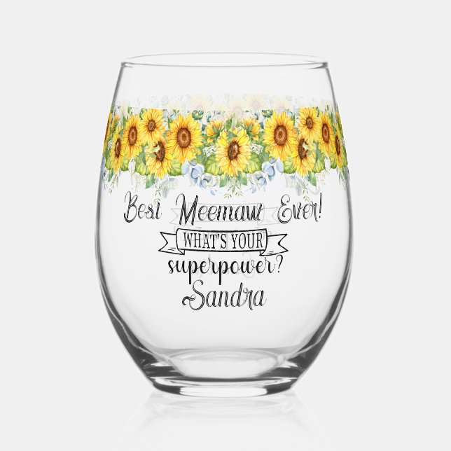 Personalized Best Meemaw Ever... Sunflower  Stemless Wine Glass (Back)