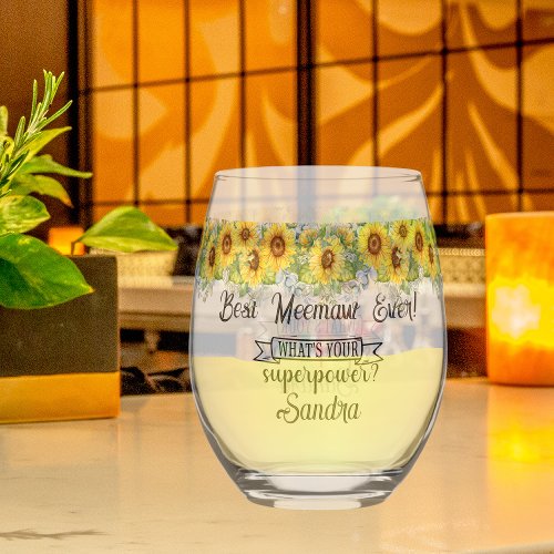 Personalized Best Meemaw Ever Sunflower  Stemless Wine Glass