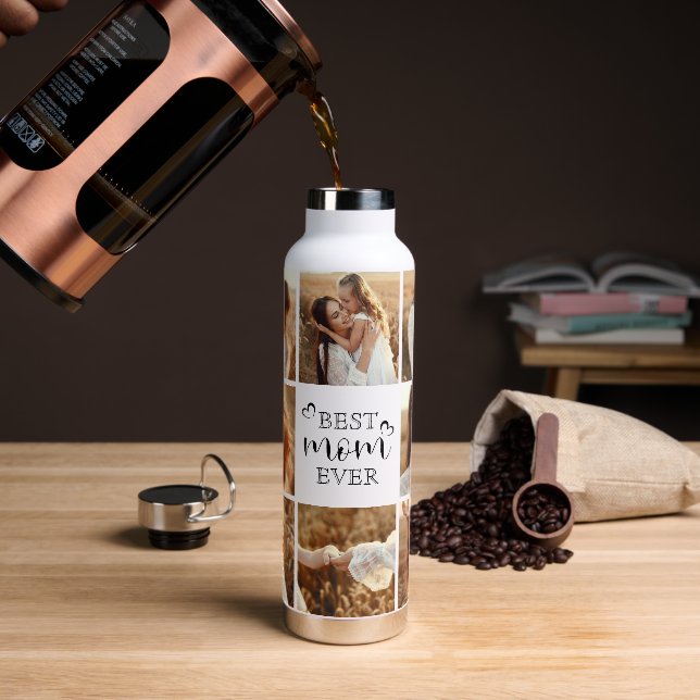 Personalized Best Mom Ever 8-Photo Collage Elegant Water Bottle (Coffee)