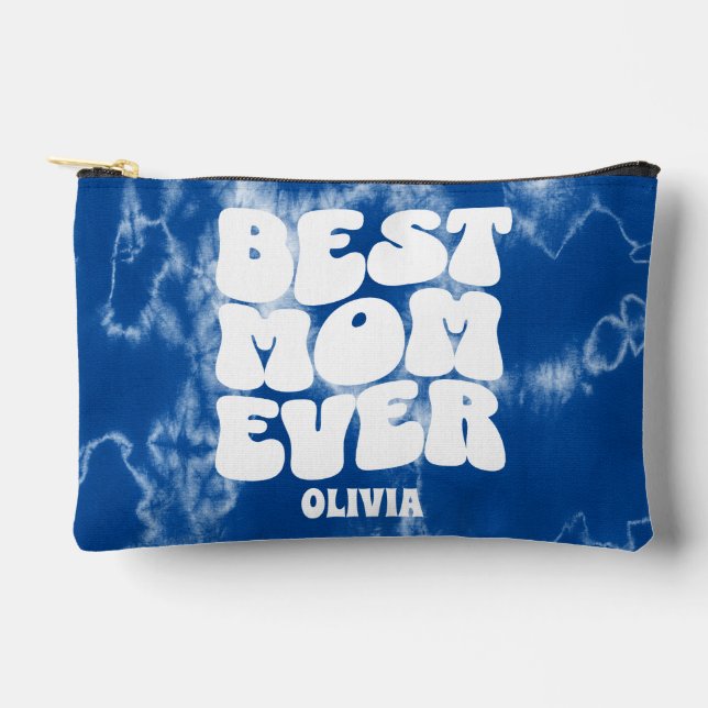 Personalized Best Mom Ever Blue Tie Dye  Accessory Pouch (Front)