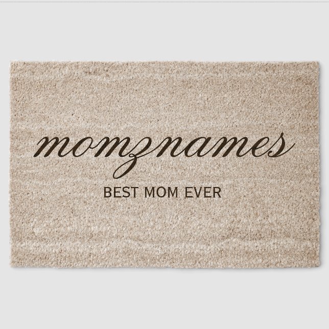 Personalized Best Mom Ever Calligraphy Name Fiber Doormat (Front)