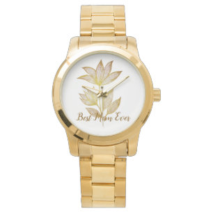Personalized Best Mom Ever Golden Floral Watch
