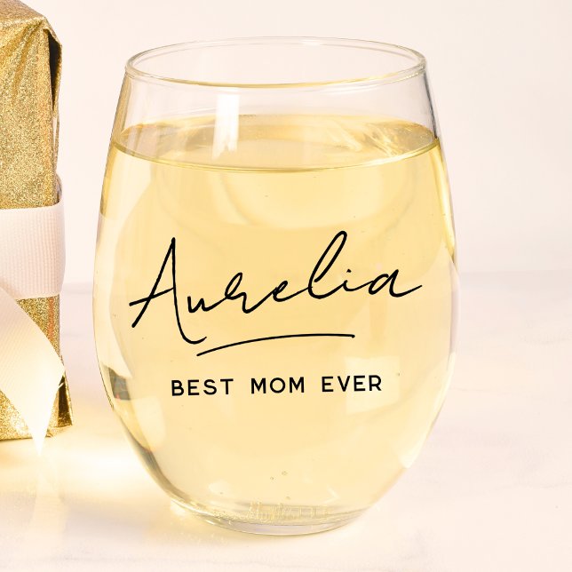 Personalized Best Mom Ever Monogram Signature Name Stemless Wine Glass (Creator Uploaded)