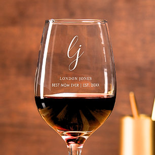Personalized Best Mom Ever Script Monogram Initial Wine Glass