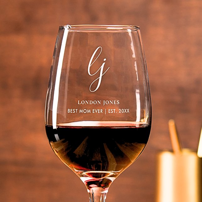 Personalized Best Mom Ever Script Monogram Initial Wine Glass (Creator Uploaded)