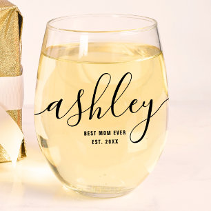 Personalized Best Mom Ever Script Monogram Name Stemless Wine Glass