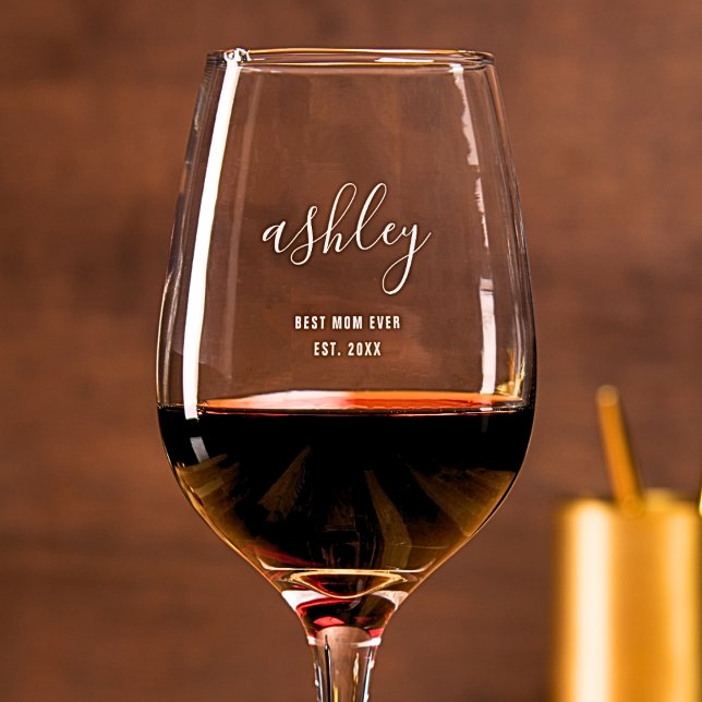 Personalized Best Mom Ever Script Monogram Name Wine Glass (Creator Uploaded)