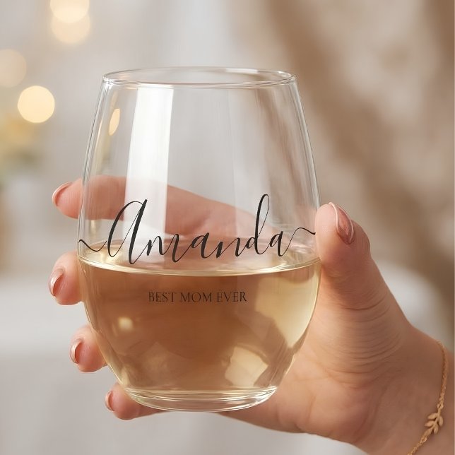 Personalized Best Mom Ever Script Monogram Stemles Stemless Wine Glass (Creator Uploaded)