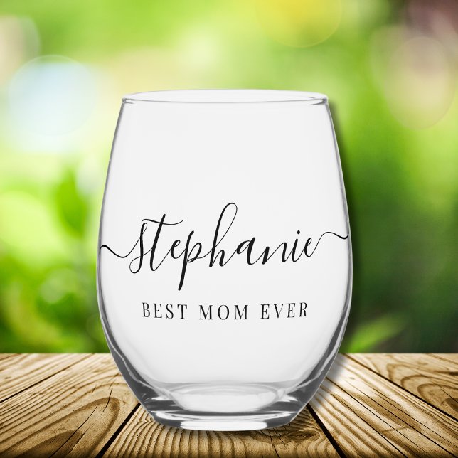 Personalized Best Mom Ever Script Monogram Stemless Wine Glass (Creator Uploaded)
