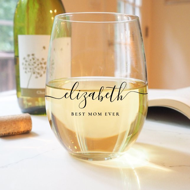 Personalized Best Mom Ever Script Monogram Stemless Wine Glass (Creator Uploaded)